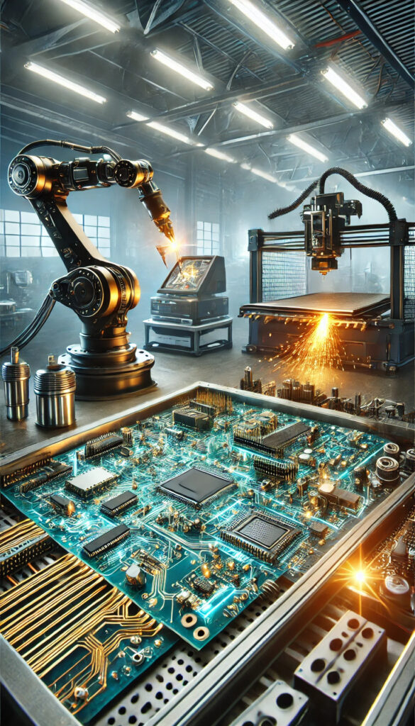 Dall·e 2025 03 13 20.48.46 a highly detailed and realistic digital artwork combining industrial automation, pcb design, 3d printing, and cnc machining in a single image. the sce